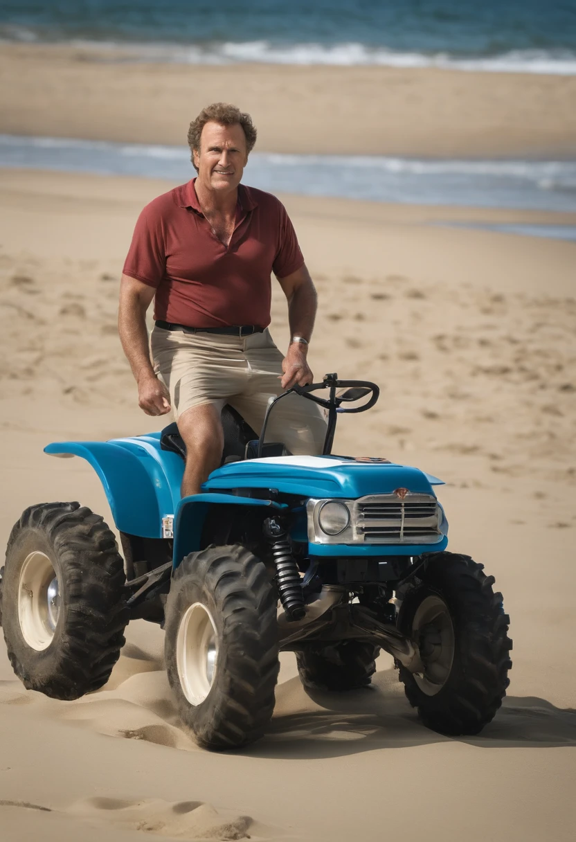 A Boomerang of Frank the Tank leading a limbo competition at a beach party,Old School,Frank, famously known as “Frank the Tank” from the movie “Old School,” played by Will Ferrell, is depicted as an average, middle-aged man who often dresses in casual, nondescript clothing. His look is typical of a suburban, everyman character, with a slightly disheveled style that becomes more pronounced during his wilder moments. In contrast to his usual mundane appearance, Frank’s transformation during his party scenes, where he’s often seen shirtless or in outlandish costumes, highlights the duality of his character., male