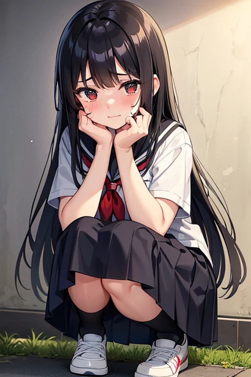 A 16-year-old high school girl with long black hair and wearing a school uniform is squatting down with tears streaming down her face.