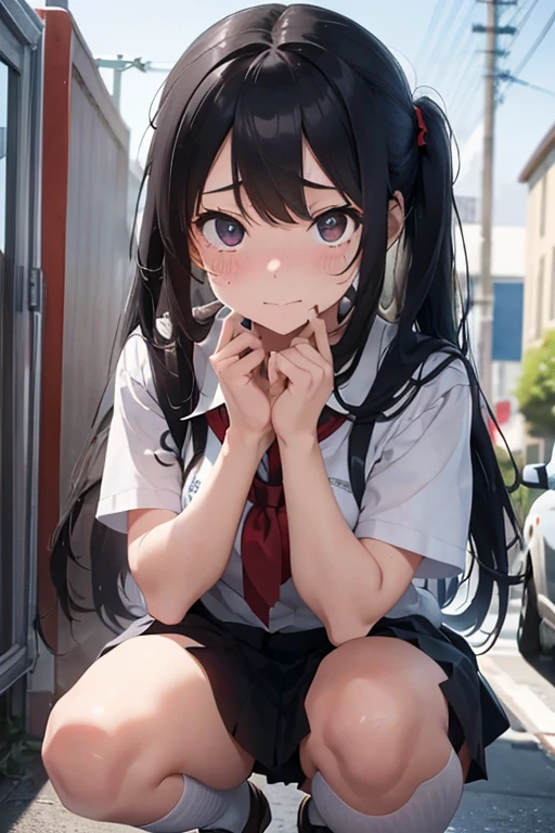 A -yeld hischool girl with long black hair and wearing a school uniform is squatting down with tears streaming down her face.