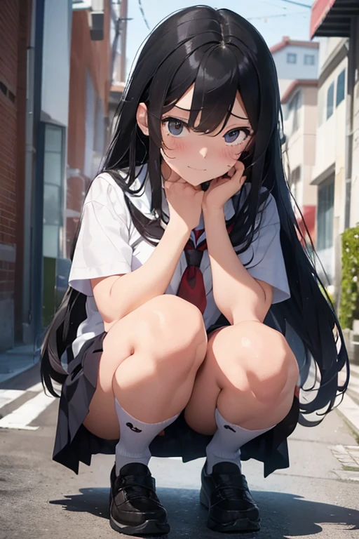 A 16-year-old high school girl with long black hair and wearing a school uniform is squatting down with tears streaming down her face.