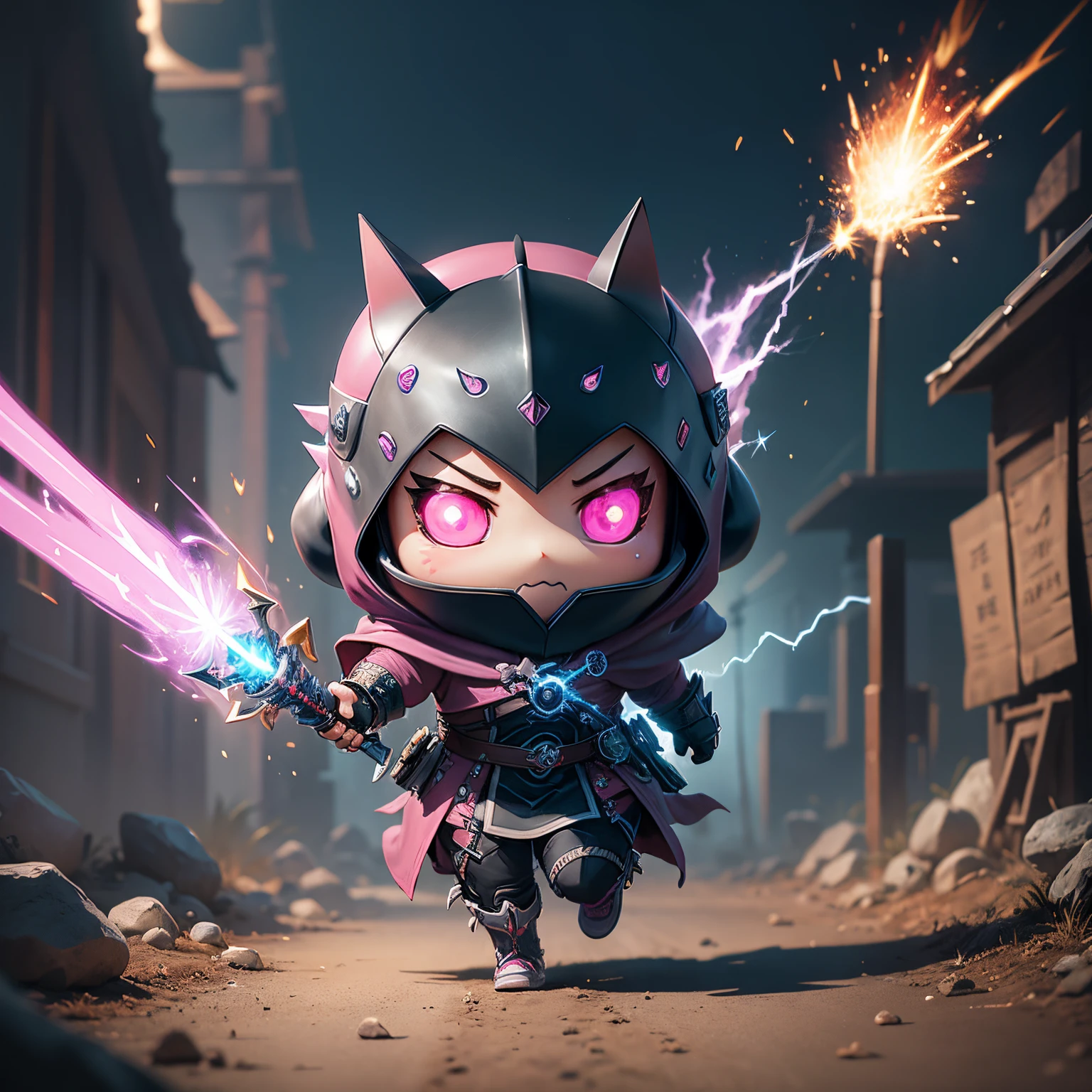 masterpiece、top-quality、ultra-detailliert、(wraith cosplay chibi character:1.2)、Long sword、(spark of light:1.2)、(Running away:1.2)、pink there