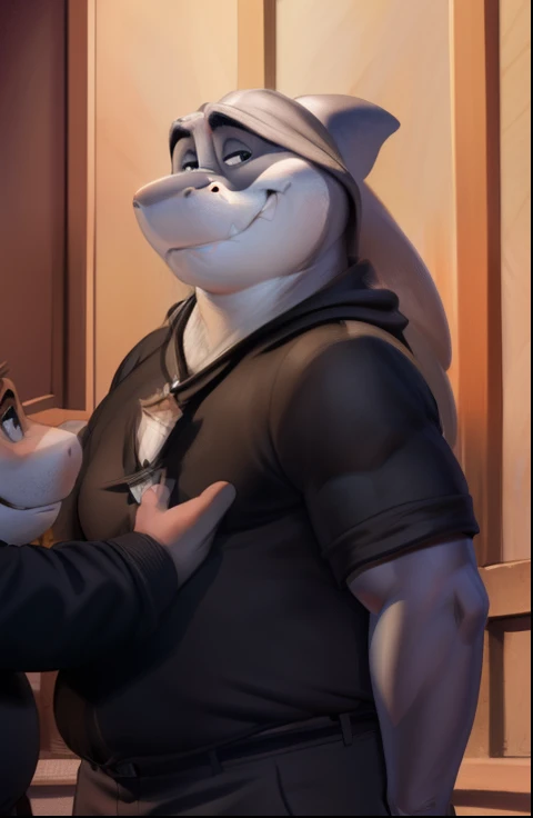 mr shark, plump, fat, belly, black eyes, (pose:1.3), (posing:1.3), (soft shading), 4k, hi res, five fingers, detailed hands, ((detailed face, (detailed eyes:1.0), detailed)), (full body), by zackarry911, by zaush, (by personalami:0.5), looking at viewer, shirt, 1boy, black hooded sweater, hood down showing face, black pants, dark blue shoes, male focus, pants, black shirt, dog tags, gray pants, giant head, huge head, big head standing at attention, solemn, receiving a medal
