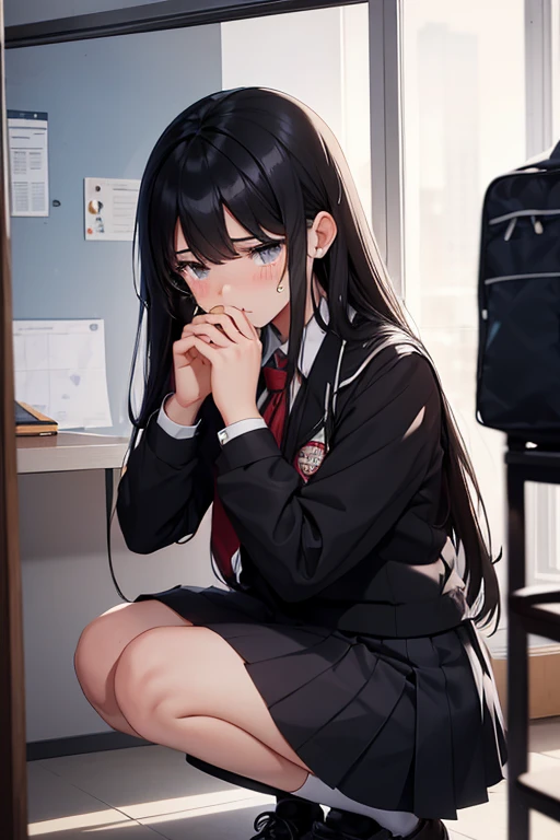 A 16-year-old high school girl with long black hair and wearing a school uniform is squatting down with tears streaming down her face.