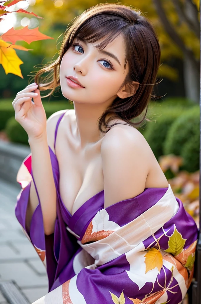 (masutepiece:1.3, Photorealsitic:1.4, 8K), top-quality, ​masterpiece, 超A high resolution, Professional camera work, Grow Light Effect, Realistic portrait, Cinematic Light, Highly detailed skin and facial texture:1.3, Perfect dynamic composition, The ultra-detailliert, A detailed eye, Detailed limbs, autumnal, Autumn leaves landscape in the evening:1.25, 1girl in, Cute sexy 23 year old slim woman, Fair skin, Autumn leaves are dancing:1.25, (Enraptured look:0.9, Totally captivates you:1.0), (Purple kimono:1.31 off shoulder), (Backshots, Calm pose), (voluptuous breasts:0.9), (Beautiful blue eyes, Eyes that feel beautiful eros:0.85), Sexy face:0.4, (A mouthfeel that feels beautiful eros:0.85), ((Too cute beauty:0.9))