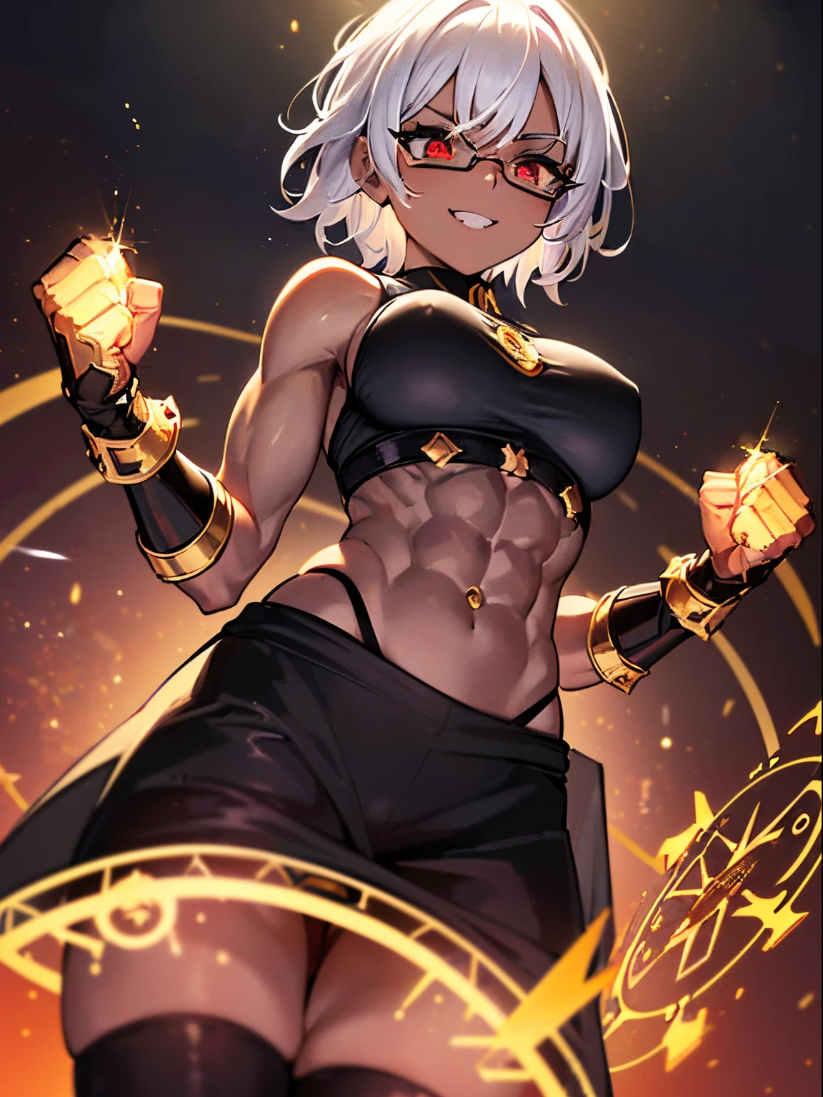 masterpiece,ultra detailed,high quality,girl,(glasses),((white hair)),(short hair),((black inner)),((((magic circle)))),(((black dress))),((gold gauntlet)),1girl,solo,((black tights)),((red eyes)),((grin)),((cowboy shot)),(((abs,muscle))),((dark skin)),angry,((shining body)),((gold aura)),(((shining fist))),from below,((punching)),((spark))