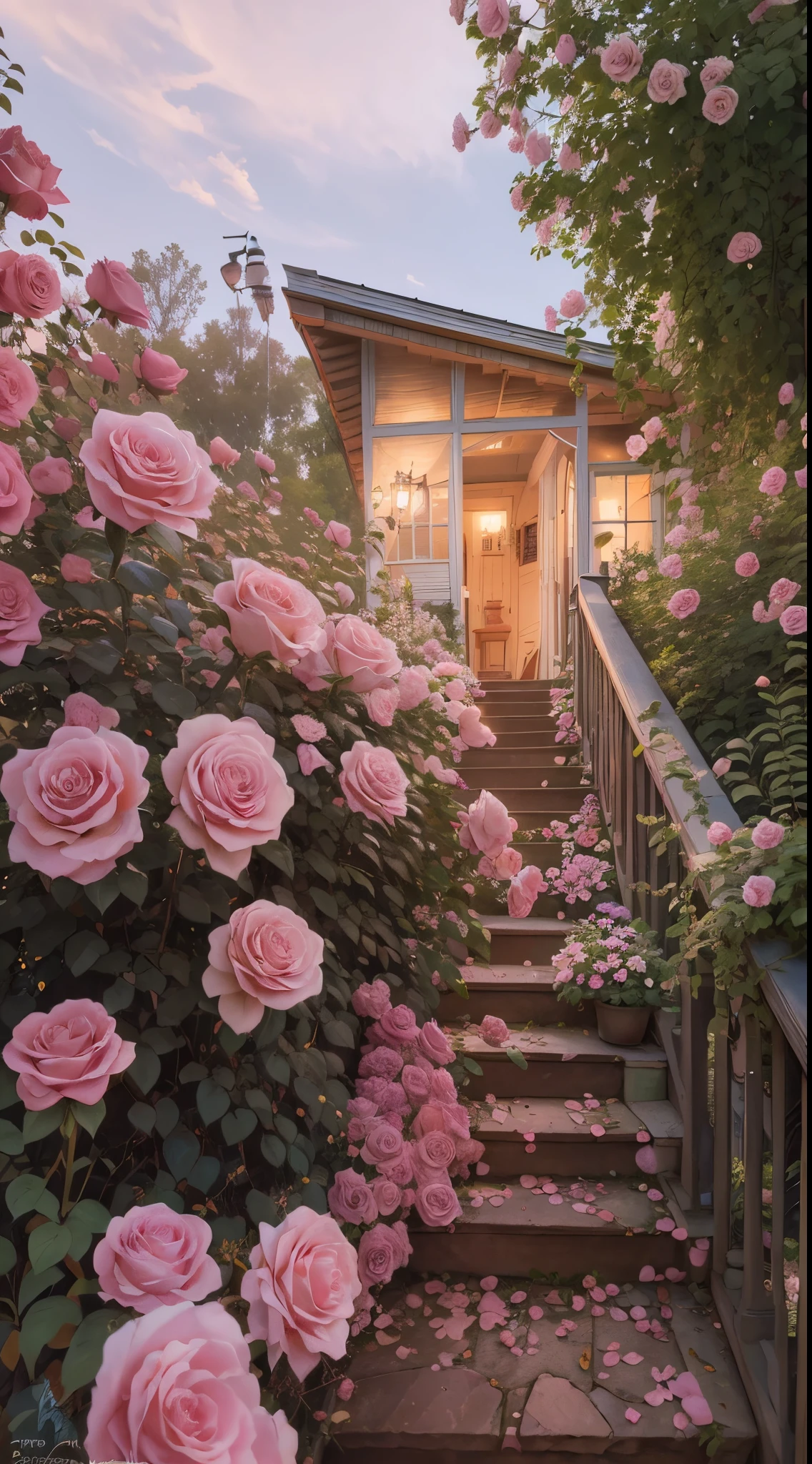 There is a staircase leading to a house with pink roses, Beautiful and beautiful, cottagecore, Roses in movie lights, Alexei Egorov, author:Raya Kami, in a cottage garden, author:Alexander Kucharski, cottagecore!!, author:Igor Grappa, Rose garden, Cottage core garden