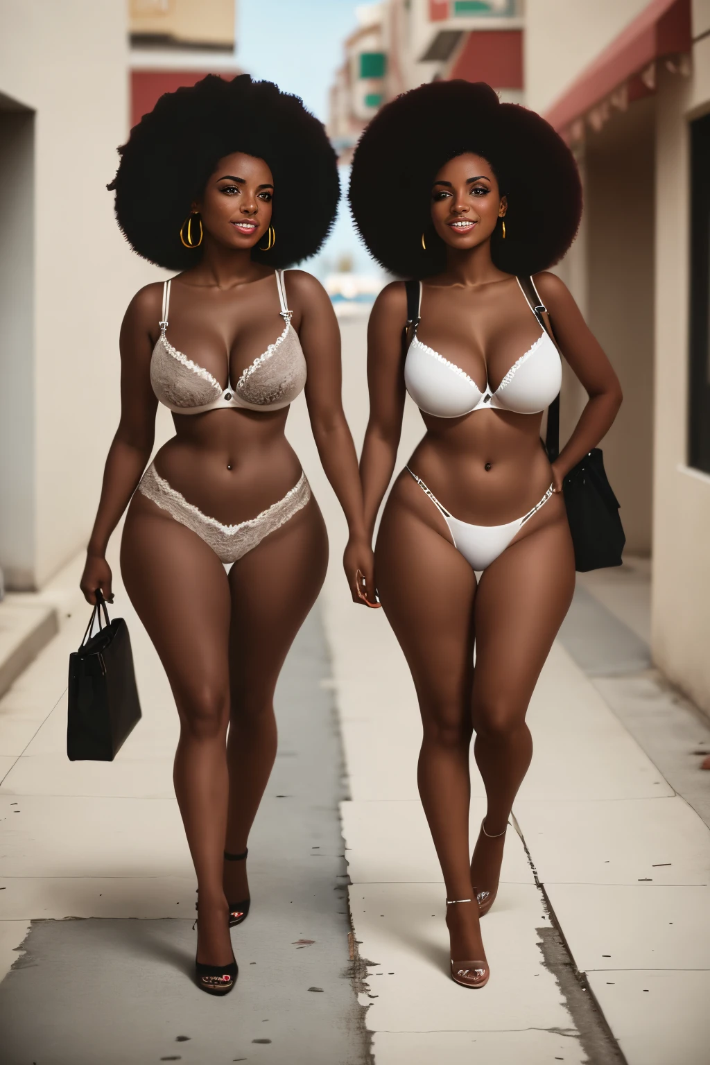 Two young and beautiful girls with huge, heavily sagging breasts, usando lingerie sexy, Passeando pela passarela pelas ruas da cidade, A mais alta qualidade de imagem, Ultra-clear resolution, rosto claro, maquiagem requintada, cabelo Afro