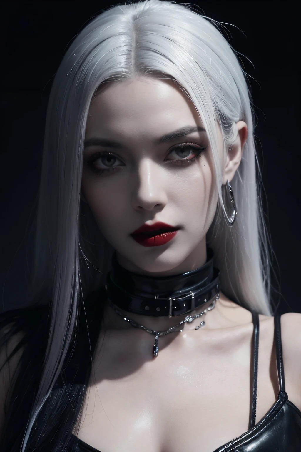 arafed woman in a black leather outfit with a red lipstick, a character portrait inspired by Emma Andijewska, trending on cgsociety, gothic art, very beautiful goth top model, cyborg - girl with silver hair, gothic and futuristic, pale goth beauty, gothic aesthetic, androgynous vampire, seductive cyberpunk dark fantasy, gothic horror vibes, choker on neck, full body from head to toe, high heels, latex black suit, staring directly at camera