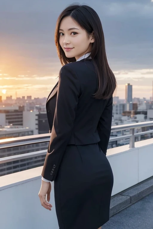 masutepiece, Best Quality, hight resolution,Detailed face,1girl in, Japanese,large full breasts,Smile,(Simple business suit,Jacket,pencil skirts:1.1),high-heels,tokyo prefecture, On the rooftop, Overlooking, bustling city, urban jungle, highrise buildings, a panoramic view, Sunset, sky line,Windy,(:1.5),Office,Open mouth,from the rear,Spread legs,Windy,Large eyes with accurate depiction