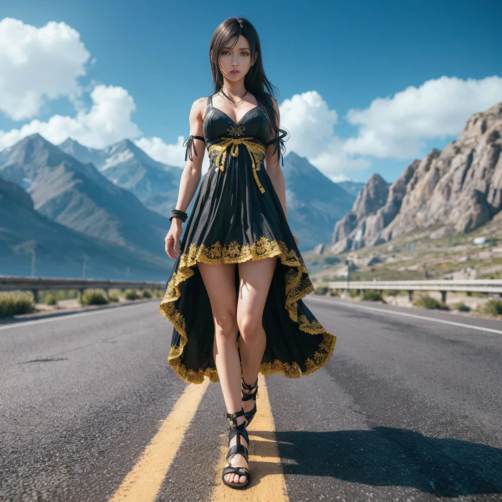(best quality,ultra-detalhado),(Realistic:1.37),Tifa Lockhart, Rosto bonito e detalhado, maquiagem preta nos olhos, expression serious, textura ultra realista, rosto delicado, corpo delicado, Fit physique, usando batom e brilho labial