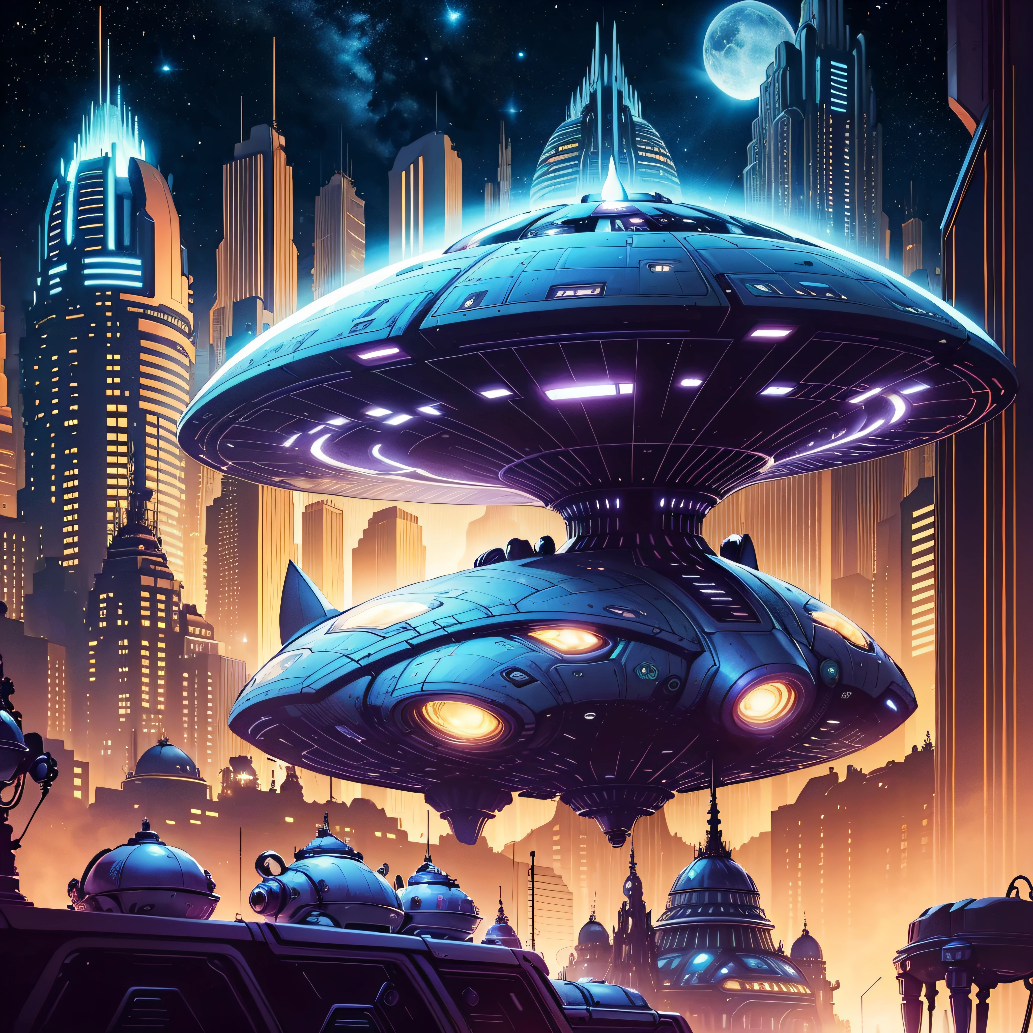 a mother alien space ship ilustration painting of a tryangular flying alien space ship with windows on the side and lights on the botom of the ship future city scap in the background best quality 8kart by Ray Shark