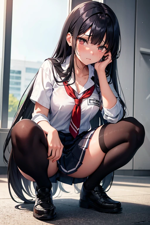 A 16-year-old high school girl with long black hair and wearing a school uniform, squatting down and opening her legs while shedding tears.