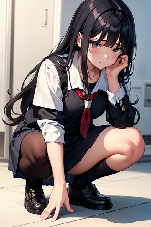 A 16-year-old high school girl with long black hair and wearing a school uniform, squatting down and opening her legs while shedding tears.