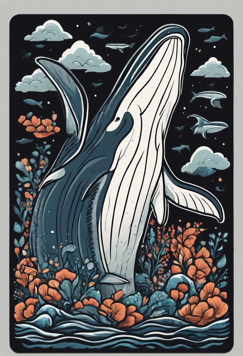 whale illustration for a ((sticker with a black background)), in bold outline style, jagged edges, trashcore, light shading --v 5.2