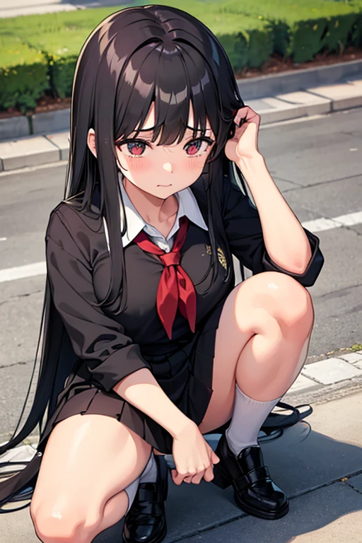 A 16-year-old high school girl with long black hair and wearing a school uniform, squatting down and opening her legs while shedding tears.