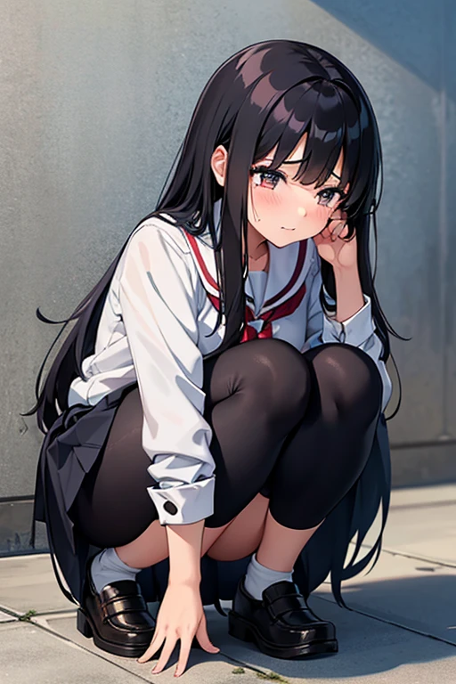 A 16-year-old high school girl with long black hair and wearing a school uniform, squatting down and opening her legs while shedding tears.
