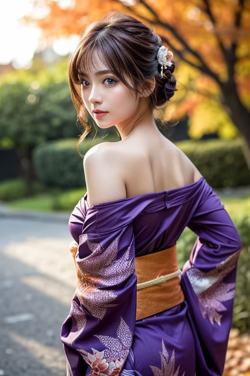 (masutepiece:1.3, Photorealsitic:1.4, 8K), top-quality, masterpiece, 超A high resolution, Professional camera work, Grow Light Effect, Realistic portrait, Cinematic Light, Highly detailed skin and facial texture:1.3, Perfect dynamic composition, The ultra-detailliert, A detailed eye, Detailed limbs, autumn night, Lit up, Autumn foliage scenery:1.2, 1girl in, Cute sexy 24 year old slim woman, Fair skin, Autumn leaves are dancing:1.2, (Enraptured look:0.9, Totally captivates you:1.0), (Purple kimono:1.35 off shoulder), (voluptuous breasts:0.9), (Facing the front, Calm pose), (Beautiful blue eyes, Eyes that feel beautiful eros:0.85), Sexy face:0.4, (A mouthfeel that feels beautiful eros:0.85), ((Too cute beauty:0.9))