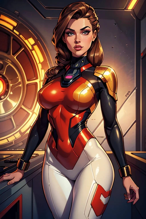(best quality,8k,high resolution,masterpiece:1.2),ultra-detailed,realistic,(sci-fi,futuristic) fashion female,retro futurism,brunette,detailed eyes,detailed lips,long eyelashes,red micro dress,beige color pantyhose,neutral background,glowing patterns under the dress,vivid colors,strong studio lighting,shadow and highlights,vibrant red and gold color scheme,shiny metallic accessories,sci-fi elements on the dress,high-tech textures,unique futuristic hairstyle.