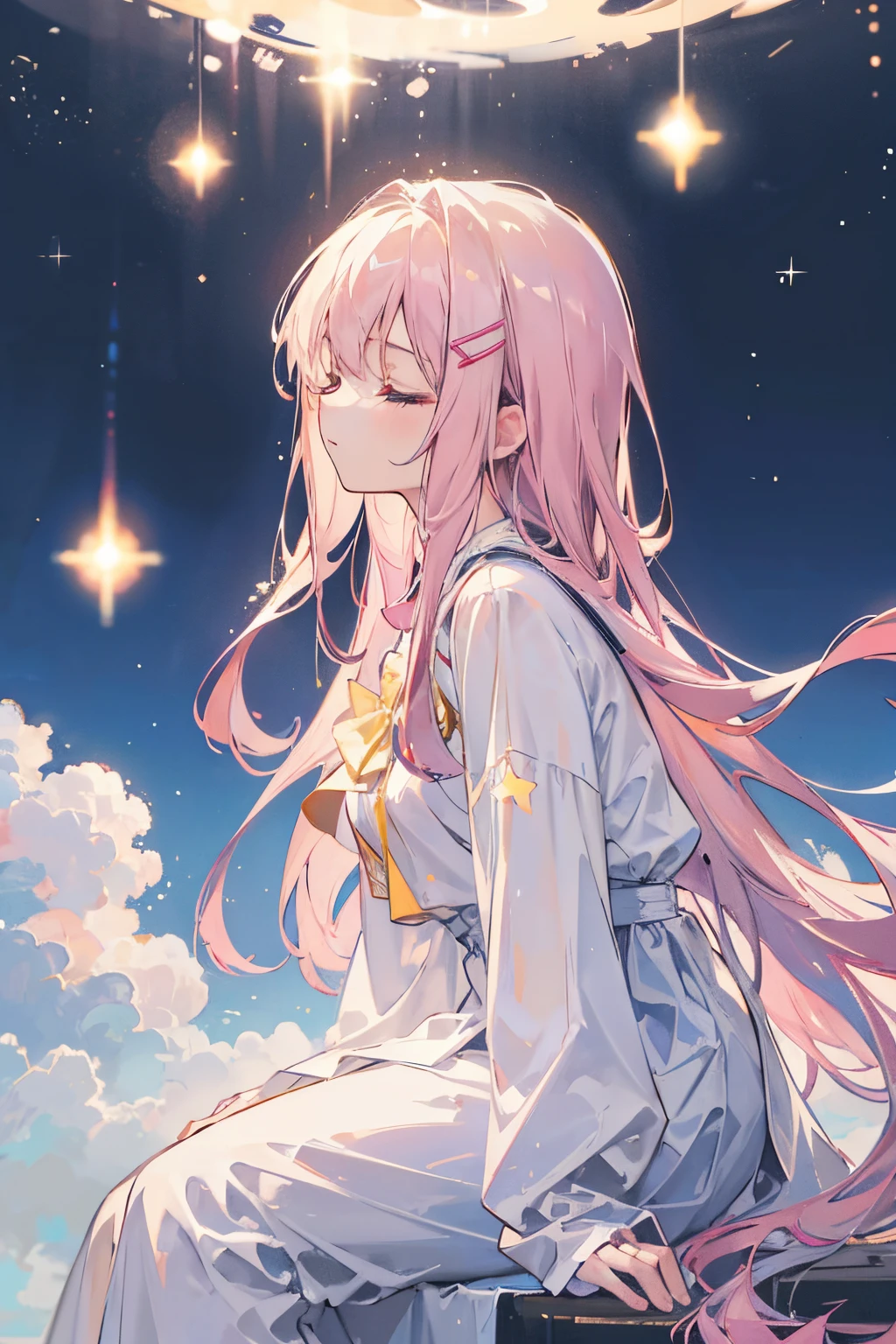 A young girl with soft, flowing hair, wearing white, flowing, long clothes, no accessories, in a side profile view, sitting on a fluffy cloud. The artwork should have soft, pastel colors mixing blue, yellow, and pink. The image should have the best quality, be ultra-detailed, realistic, and photorealistic. The art style should focus on portraits. The lighting should create a gentle, dreamy atmosphere.The girl should close her eyes and hold a bright glowing star.