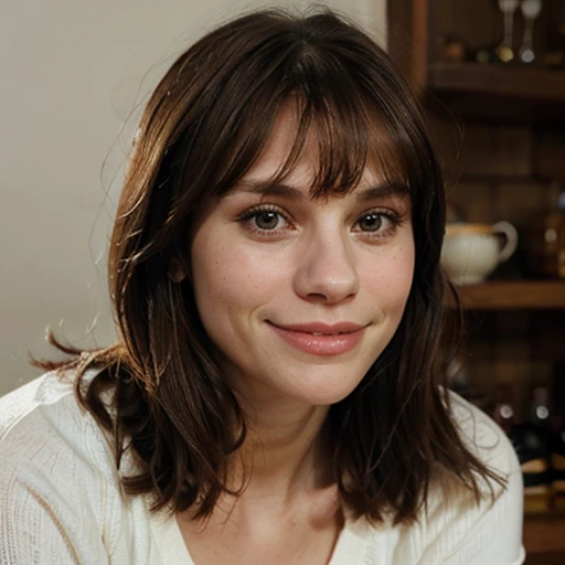 Busty 50yo Claire danes with dark brown hair, with bangs, looking at the camera, smiling, (bulbous nose) (slightly large mouth)