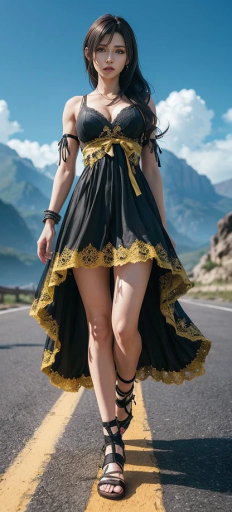 (best quality,ultra-detalhado),(Realistic:1.37),Tifa Lockhart, Rosto bonito e detalhado, maquiagem preta nos olhos, expression serious, textura ultra realista, rosto delicado, corpo delicado, Fit physique, usando batom e brilho labial