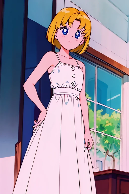 Best quality, masterpiece, ager, Usagi Tsukino, Blue Eyes, Blonde Hair, Bob Hair, Bob Haircut, Smile, Bare Neck, Bare Arms, Bare Shoulders, Kwik Sew 3400 White Dress, Long Skirt, Standing, Night Fall, Mansion Hall Room.