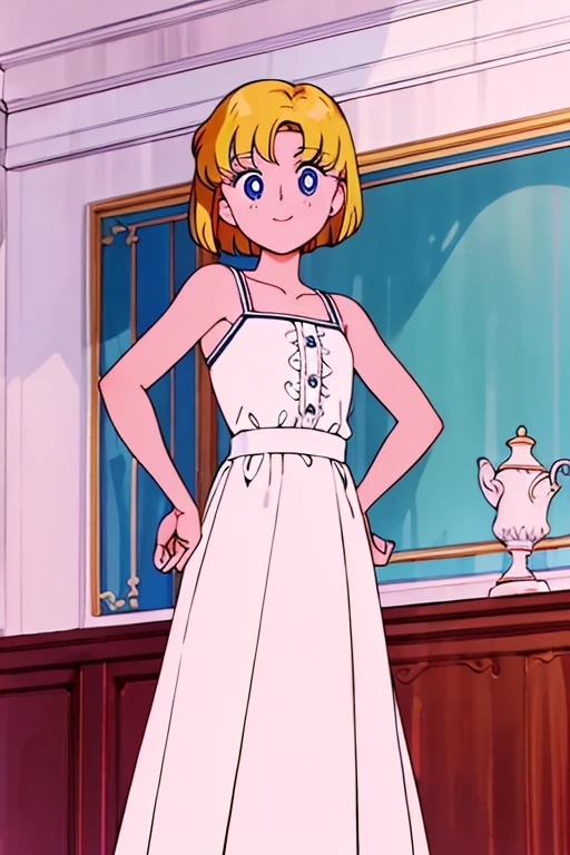 Best quality, masterpiece, ager, Usagi Tsukino, Blue Eyes, Blonde Hair, Bob Hair, Bob Haircut, Smile, Bare Neck, Bare Arms, Bare Shoulders, Kwik Sew 3400 White Dress, Long Skirt, Standing, Night Fall, Mansion Hall Room.