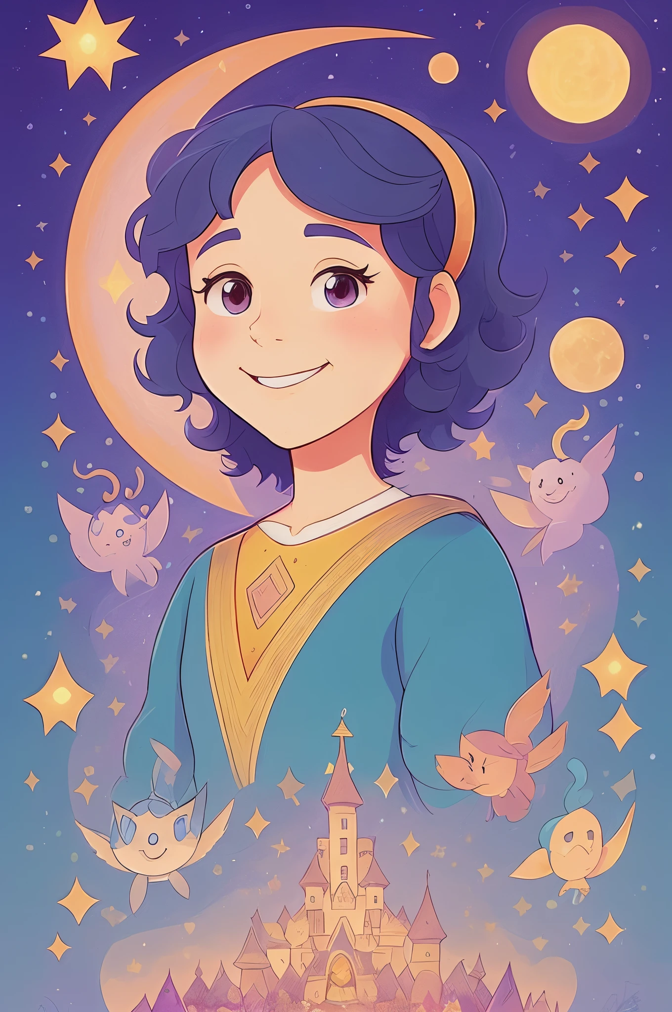 a cartoon girl with blue hair and a blue dress and a castle, official illustration, official fanart, madeline from celeste, official art, detailed fanart, inspired by Marie Angel, portrait knights of zodiac girl, abigail from stardew valley, fairy-tale illustration style, marin kitagawa fanart, official character illustration, colorful kids book illustration, procreate illustration, sky witch, princess portrait