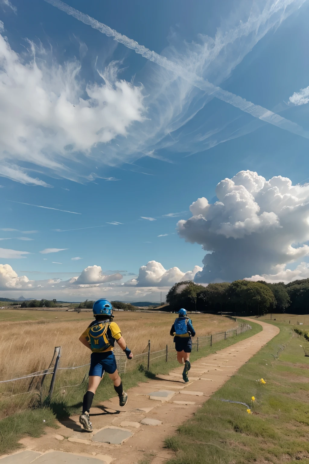 2 Spartan boys with different color oversize helmets, blue and yellow surrounded by clouds. Running only stone Path, with grass coming out of it. Being chase by a evil fairy is on looking and chase