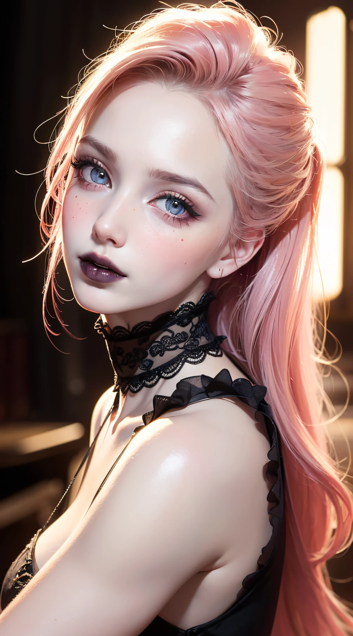 Light blue and red color scheme，pink ??????，little body，Petite，White curly hair, high detail, best quality, supper detail, detail eyes, pink pussy, simple dark background, 5/6 body, hair over nipple, black necklace, gothic