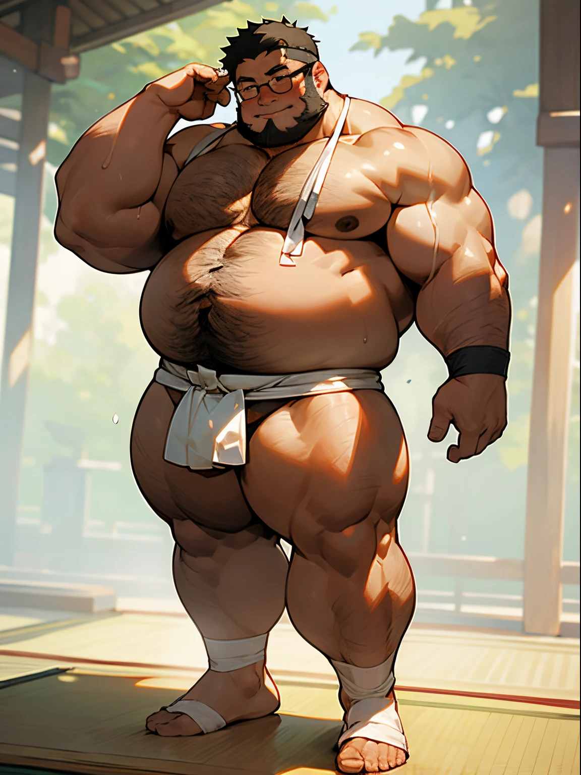 masterpiece,top-quality, 8k, japanese festival, fat uncle is standing naked, geezer, Short legs, bowleg, shirtless, bare legs, wearing a only white loincloth thong, Fat Man, glasses, Black-haired man, Man with big face, Sweating, full body