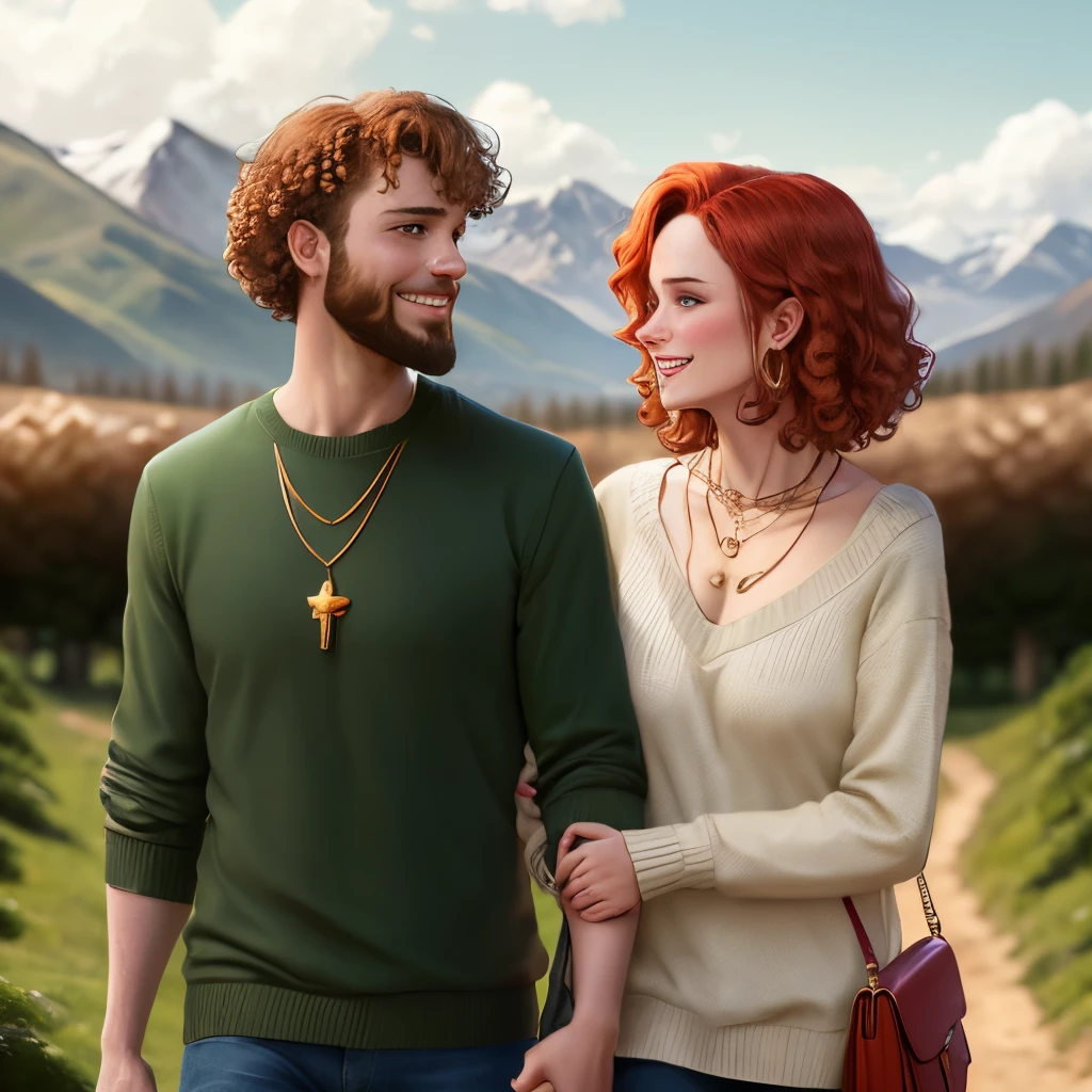 Pixar character, a male and female couple on a sunny day. mountains and a Christmas tree farm is in the background. female has red hair with a wavy shaggy hair cut and a middle part. she is wearing a dark green sweater with gold necklaces and gold hoop earrings. she has golden brown eyes. the male has dark short hair with a well taken care of, but shorter beard and facial hair. he is wearing a tan, blue and green patterned sweater from old navy.