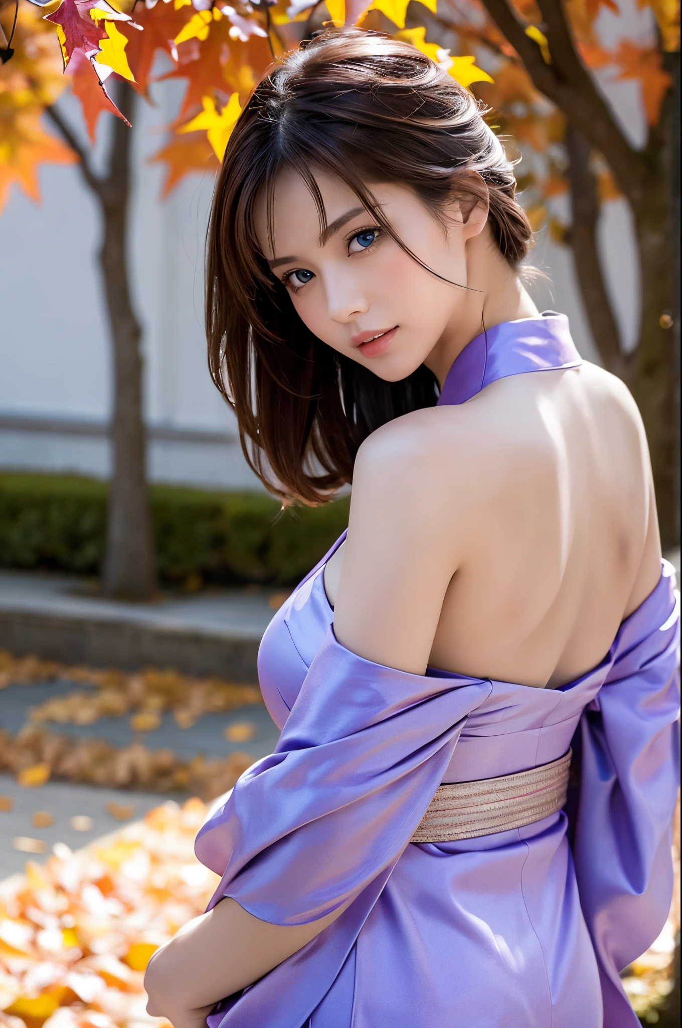 (masutepiece:1.3, Photorealsitic:1.4, 8K), top-quality, ​masterpiece, 超A high resolution, Professional camera work, Grow Light Effect, Realistic portrait, Cinematic Light, Highly detailed skin and facial texture:1.3, Perfect dynamic composition, The ultra-detailliert, A detailed eye, Detailed limbs, autumnal, Autumn leaves landscape in the evening:1.2, 1girl in, Cute sexy 23 year old slim woman, Fair skin, Autumn leaves are dancing:1.2, (Enraptured look:0.9, Totally captivates you:1.0), (Backshots, Calm pose), (Purple kimono:1.31 off shoulder), (voluptuous breasts:0.9), (Beautiful blue eyes, Eyes that feel beautiful eros:0.85), Sexy face:0.4, (A mouthfeel that feels beautiful eros:0.85), ((Too cute beauty:0.9))