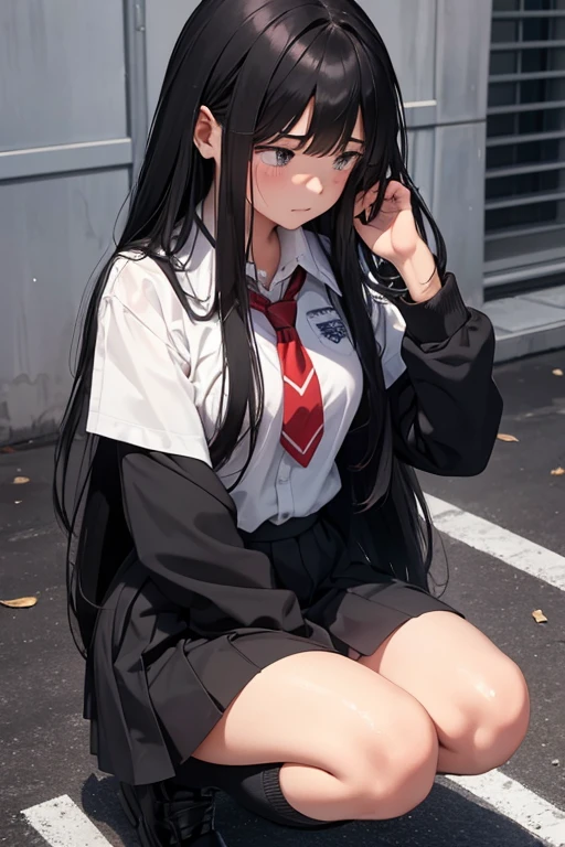 A -yeld hischool girl with long black hair and wearing a school uniform, squatting down and opening her legs while shedding tears.