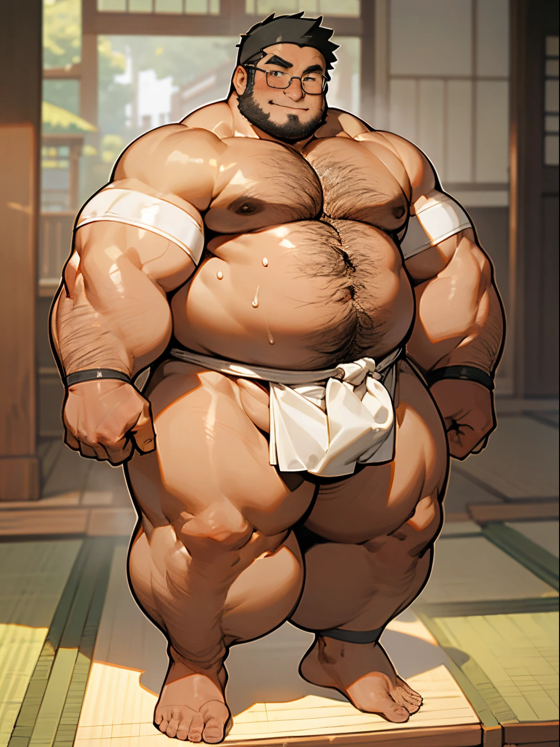 masterpiece,top-quality, 8k, japanese festival, fat uncle is standing naked, geezer, Short legs, bowleg, shirtless, bare legs, wearing a only white loincloth thong, Fat Man, glasses, Black-haired man, Man with big face, Sweating, full body