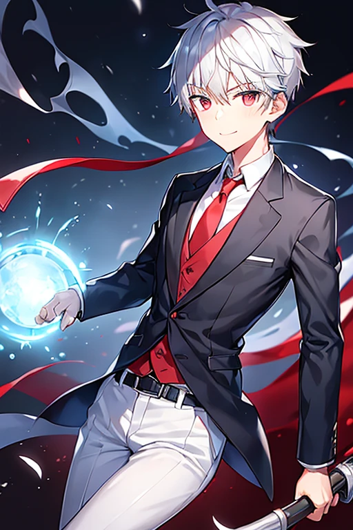 1boy, necktie, red necktie, white shirt, pants, blue pants, school uniform, black eyes, gray hair, grey hair, very short hair, smile, school uniform, belt, fingerless gloves, scar, torn clothes, glowing eyes