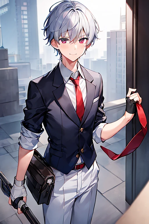 1boy, necktie, red necktie, white shirt, pants, blue pants, school uniform, black eyes, gray hair, grey hair, very short hair, smile, school uniform, belt, fingerless gloves, scar, torn clothes, glowing eyes