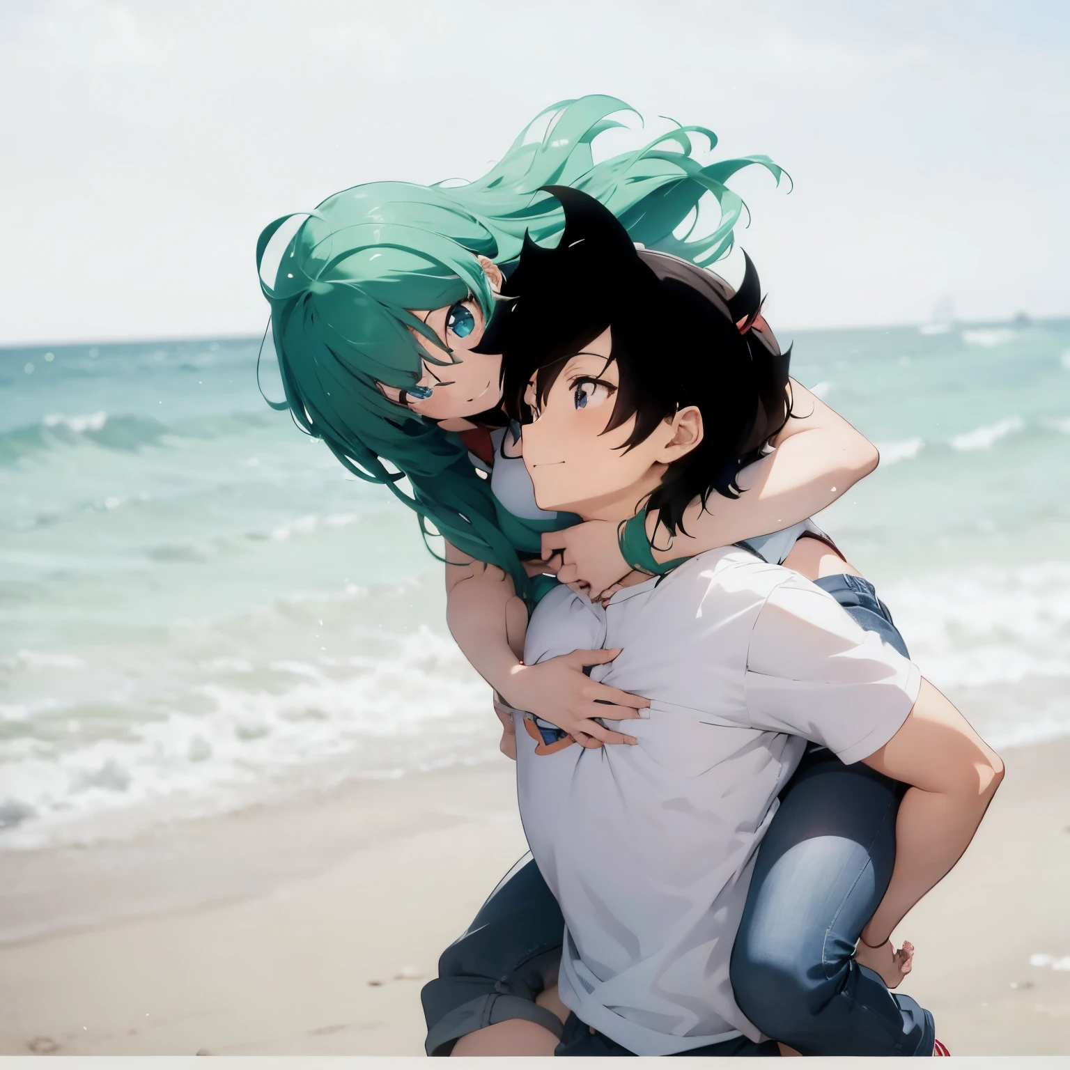 Anime estilo Akira Toryama, rapaz carregando namorada nas costas, sorrisos,passeio na praia