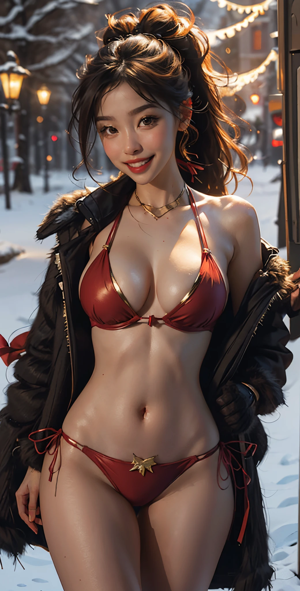 Christmas red bikini (breast), sexy body and pose, cute red ribbon bow on hair, snow background, Christmas trees background, amazing Christmas lights, big smile, Christmas gifts, 8k cinematic, volumetric lighting, light sparkles particles, golden hour