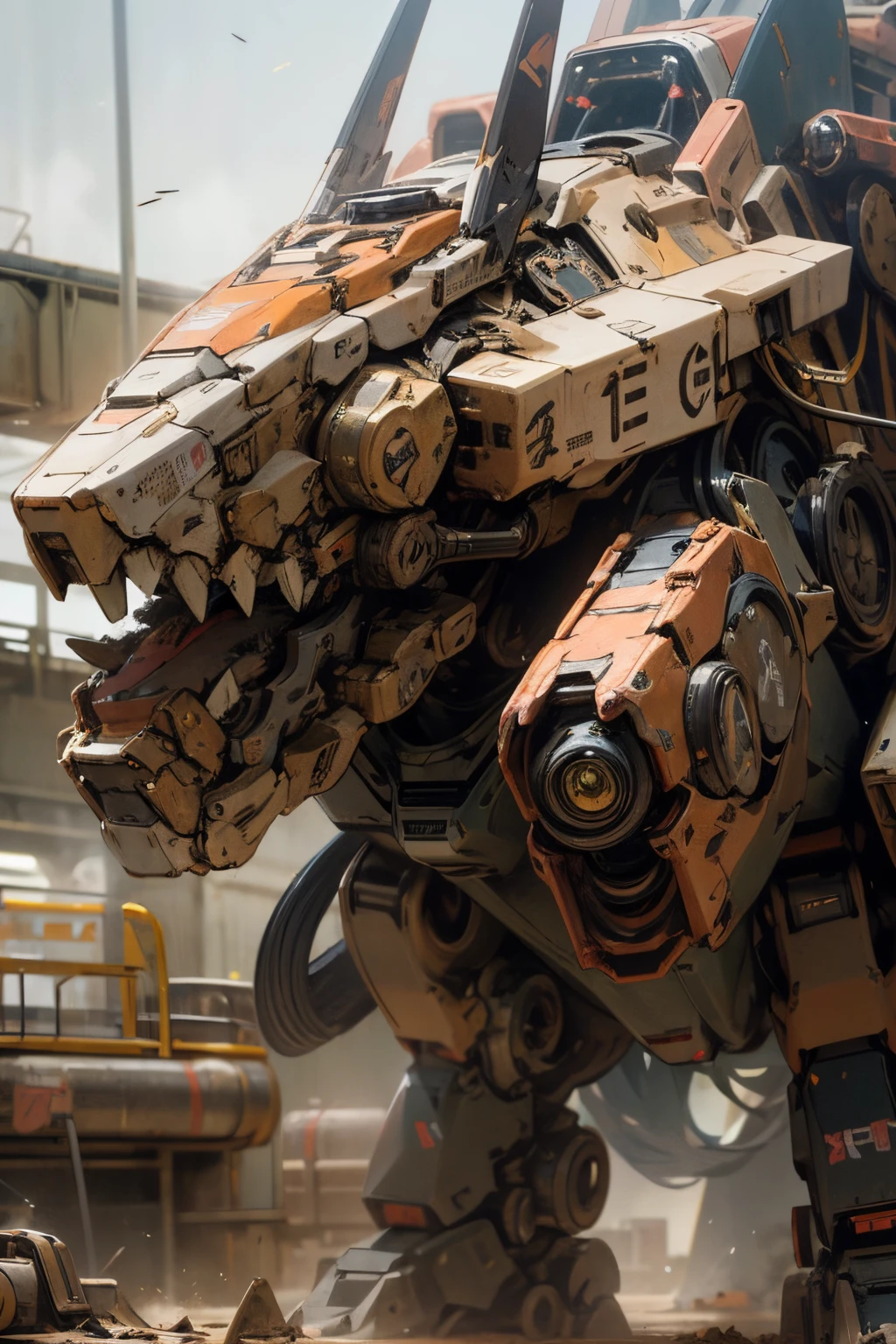 A close-up of a robot, mecha animal, mecha art, hound mecha, mecha dog, modern mecha anime, mecha anime, large mecha robot, mecha inspiration, fighter mecha wolf, mechanical creature, lunging, open jaw, in a facility, in the desert, dusty, rusted body,