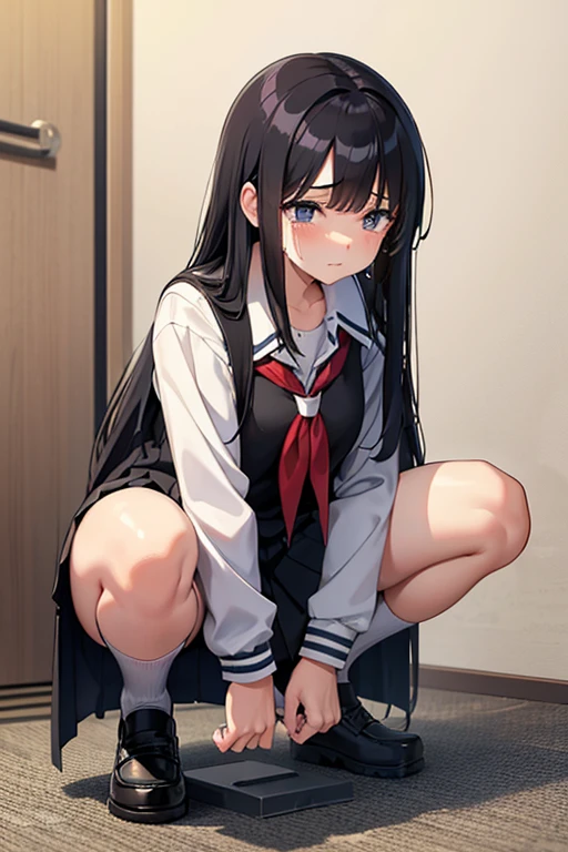 A -yeld hischool girl with long black hair and wearing a school uniform, squatting down and opening her legs while shedding tears.