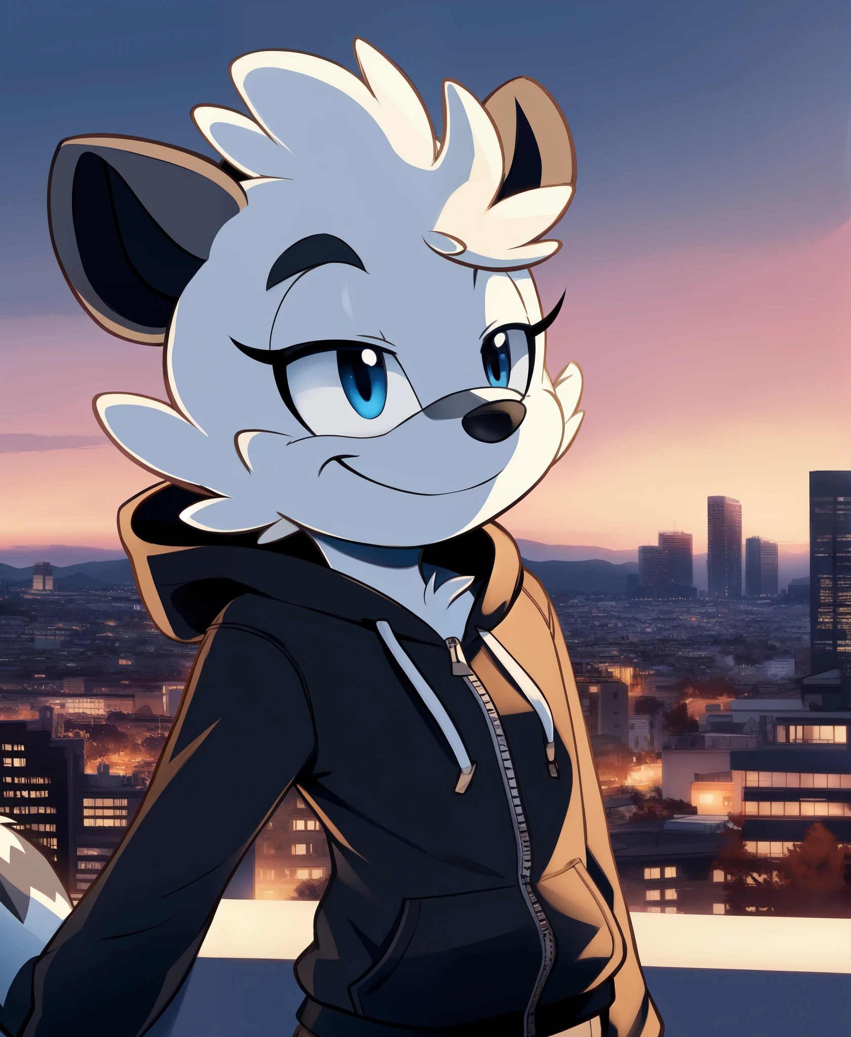 Tangle the lemur, leather dress, hoodie, smiling, city background, evening sky