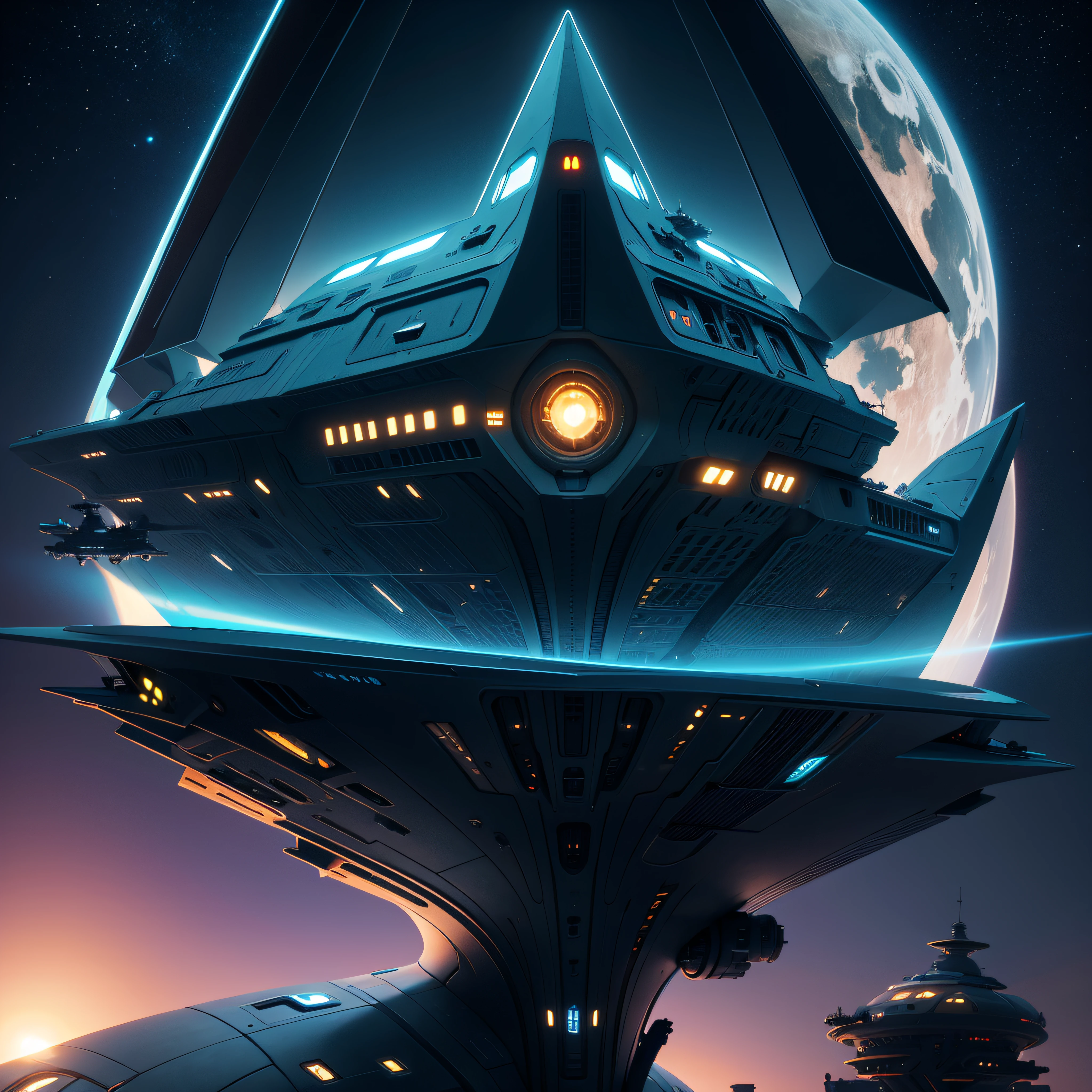 a mother alien space ship illustration painting  of a triangular flying alien space ship with windows on the side and lights on the bottom of the ship future city escape in the background best quality 8kart by  Ray Shark