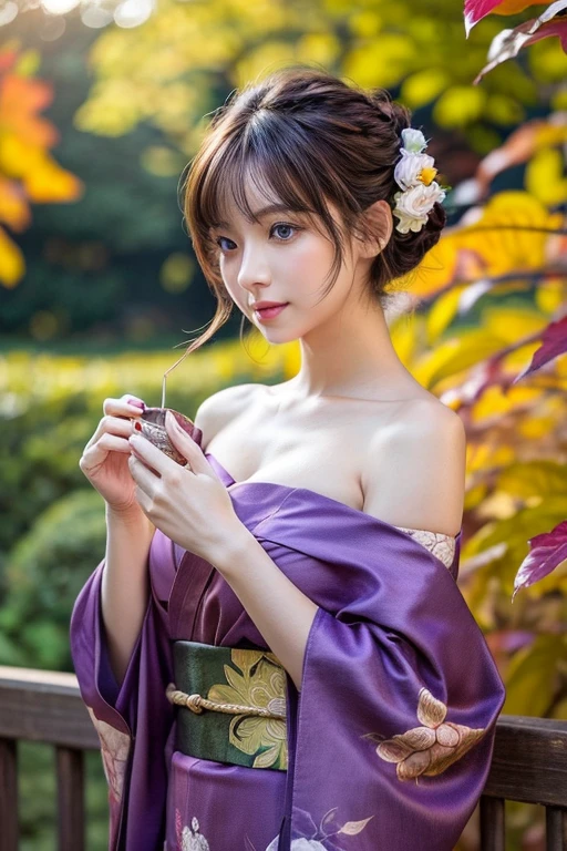 (masutepiece:1.3, Photorealsitic:1.4, 8K), top-quality, masterpiece, 超A high resolution, Professional camera work, Grow Light Effect, Realistic portrait, Cinematic Light, Highly detailed skin and facial texture:1.3, Perfect dynamic composition, The ultra-detailliert, A detailed eye, Detailed limbs, autumn night, Lit up, Autumn foliage scenery:1.2, 1girl in, Cute sexy 24 year old slim woman, Fair skin, Autumn leaves are dancing:1.2, (Enraptured look:0.9, Totally captivates you:1.0), (Purple kimono:1.35 off shoulder), (voluptuous breasts:0.9), (Facing the front, Calm pose), (Beautiful blue eyes, Eyes that feel beautiful eros:0.85), Sexy face:0.4, (A mouthfeel that feels beautiful eros:0.85), ((Too cute beauty:0.9))