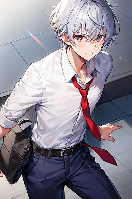 1boy, necktie, red necktie, white shirt, pants, blue pants, school uniform, black eyes, gray hair, grey hair, very short hair, smile, school uniform, belt, fingerless gloves, scar, torn clothes, glowing eyes, blood, dark persona