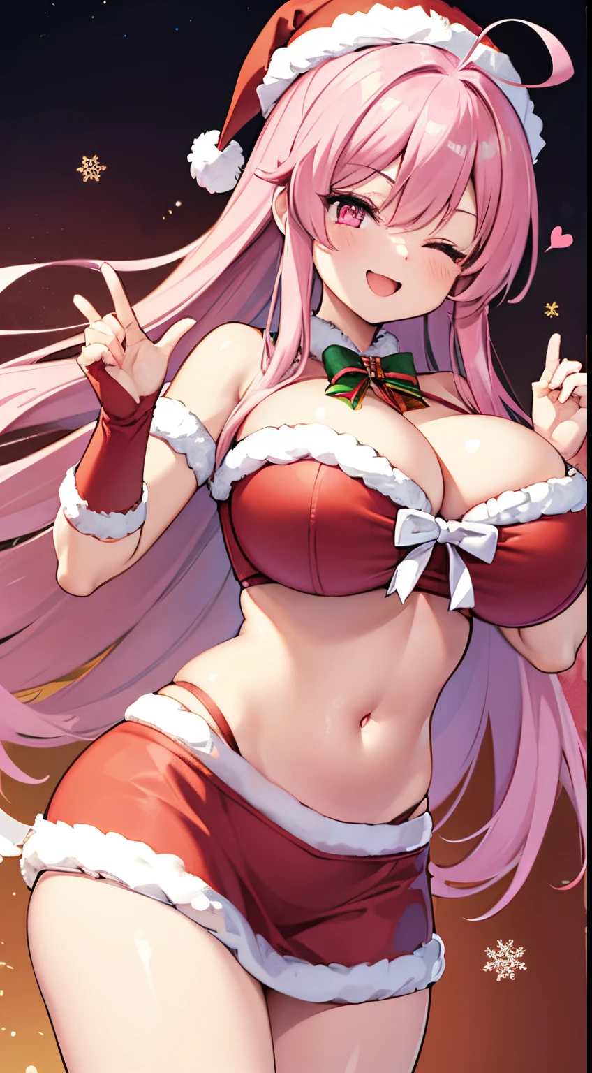 1 girl, game cg, Santa clothes, cleavage visible, navel visible, Santa hat, gigantic breasts, pink hair, long hair, straight hair, ahoge, pink eyes, Christmas background, smile, one eye closed, dynamic, spoken heart,