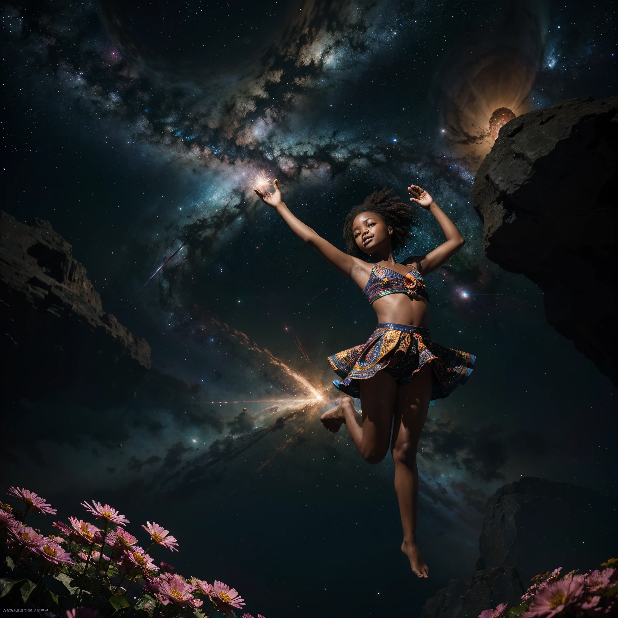 In this stunning cosmic art, a happy Black ddler, dressed in vibrant African garments, gently floats on a magnificent flower in the vastness of space. The stars above, shaped like delicate flowers, cast a dazzling light upon the scene, creating a truly cinematic experience. Rendered in ultra HD, this masterpiece captures the essence of Artgerm's unique and diverse style, unreal engine rendered, sci-fi art, fantasy art, cosmic art