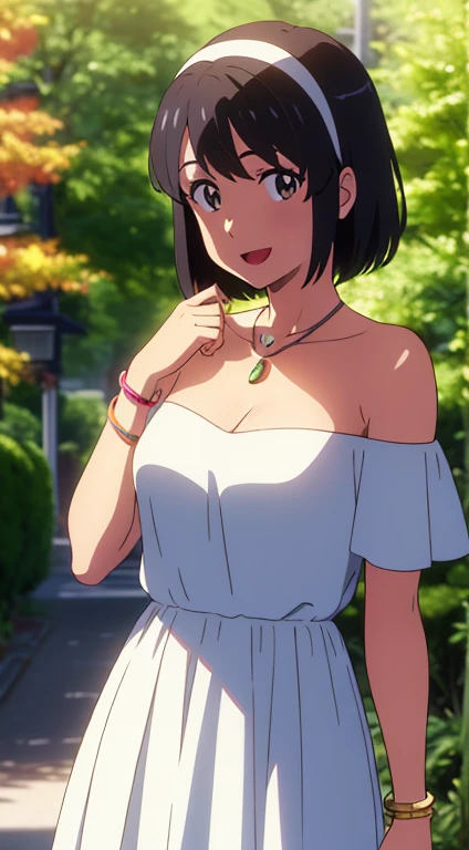 (masterpiece, best quality, high quality, highres, ultra-detailed), shinkai makoto, kimi no na wa., 1girl, bangs, black hair, blush, bright eyes, brown eyes, headband, looking at the viewer, red hairband, strapless, ruffle off-the shoulder dress, Lace Off-shoulder top, white dress, short hair, medium breasts, solo, day, Outdoors, shiny skin, standing, shadow, smile, happy, :D, bracelet, necklace, upper-body, {{{{{{in autumn}}}}}}, maple tree, falling leaves, autumn scenery, warm color., beautiful, pretty, {{{{fluttering leaves}}}}