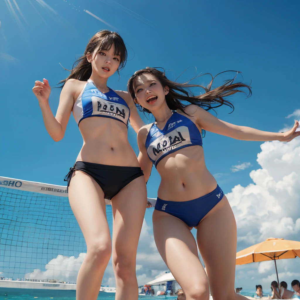 ​masterpiece、Two beautiful girls、A detailed eye、超A high resolution(reality:1.4)very extremely beautiful, Beautiful skins, A slender,skinny  body、being thin、thin and long legs、 Forward-facing body, (A hyper-realistic), (hight resolution), (8K), (ighly detailed), (ultra-detailliert), 详细的脸,、Two girls having fun in the sea、One person is wearing a fluorescent color mesh bikini made of thin translucent fabric.、From the knee up、Beach volleyball players、Jump Attack、A dynamic couple、Special Move,cheering party