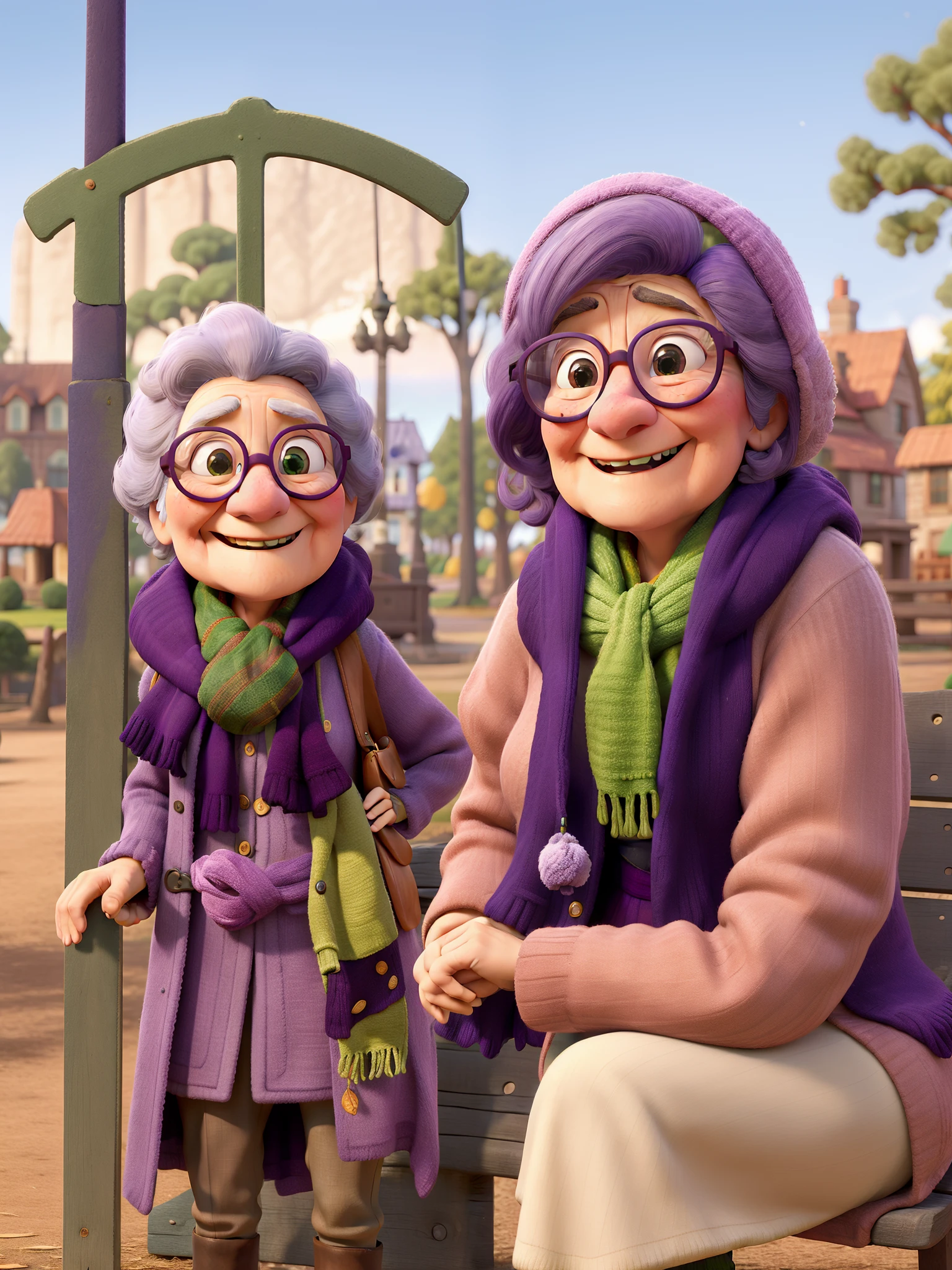 masterpiece, best quality, an old woman with glasses and a scarf on, wearing a purple coat and green scarf, standing at the park
